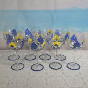 Hand Painted Balloon Wine Glasses Set of Eight Floral Stemware